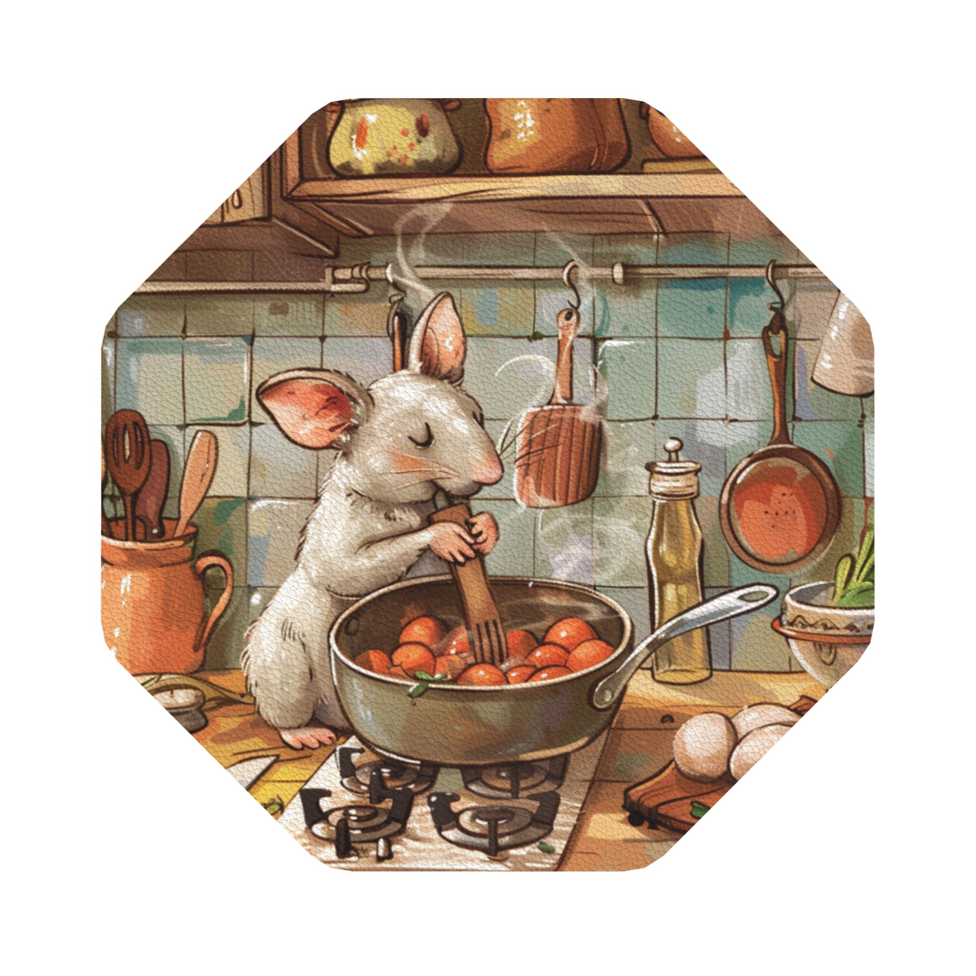616706644-八边形-效果图1 Cooking Mouse Pattern Octagonal Ceramic Coaster - Image 1