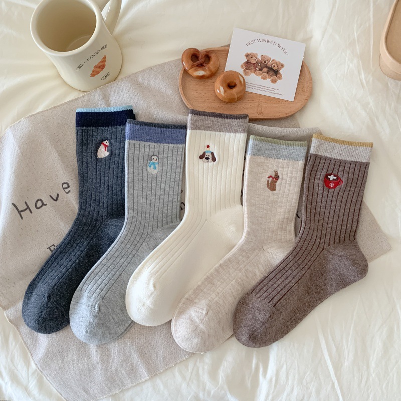 11 Women’s Embroidered Ribbed Crew Socks Set | Soft Cotton Blend Mid-Calf Socks | Cute Everyday Multi-Color Pack - Image 1