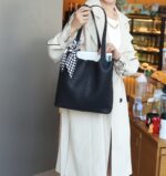 Minimalist Large Tote Bag with Scarf Detail | Shoulder Carry | Everyday Commuter Bag | Black / Camel - Image 4