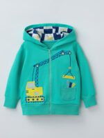 Kids Construction Vehicle Hooded Jacket | Toddler Zip-Up Hoodie | Crane Embroidery Design | Soft Cotton Blend | Casual Outerwear | Sizes 80–120