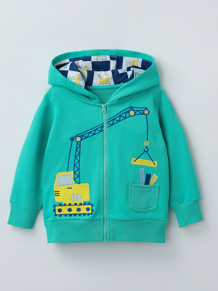 6 Kids Construction Vehicle Hooded Jacket | Toddler Zip-Up Hoodie | Crane Embroidery Design | Soft Cotton Blend | Casual Outerwear | Sizes 80–120 - Image 1